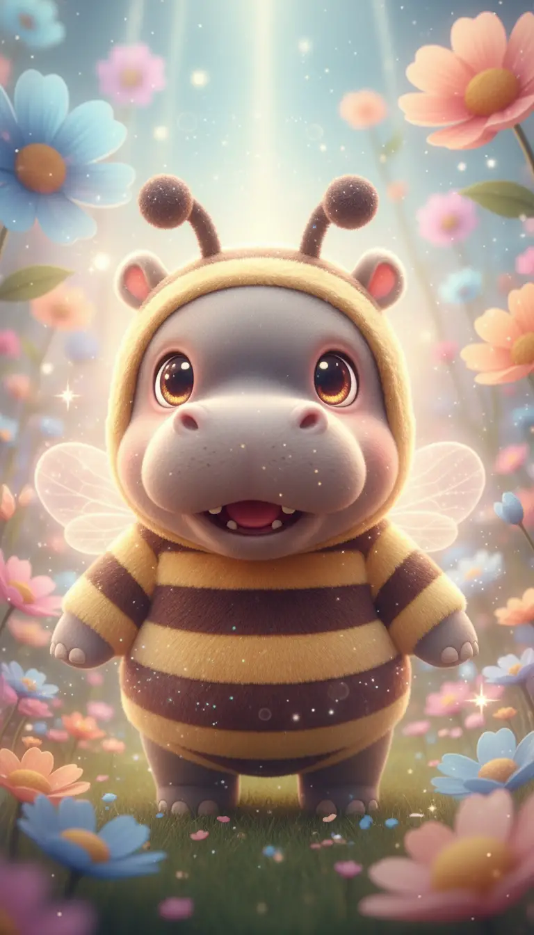 Cute baby hippo in a bee costume in flower meadow