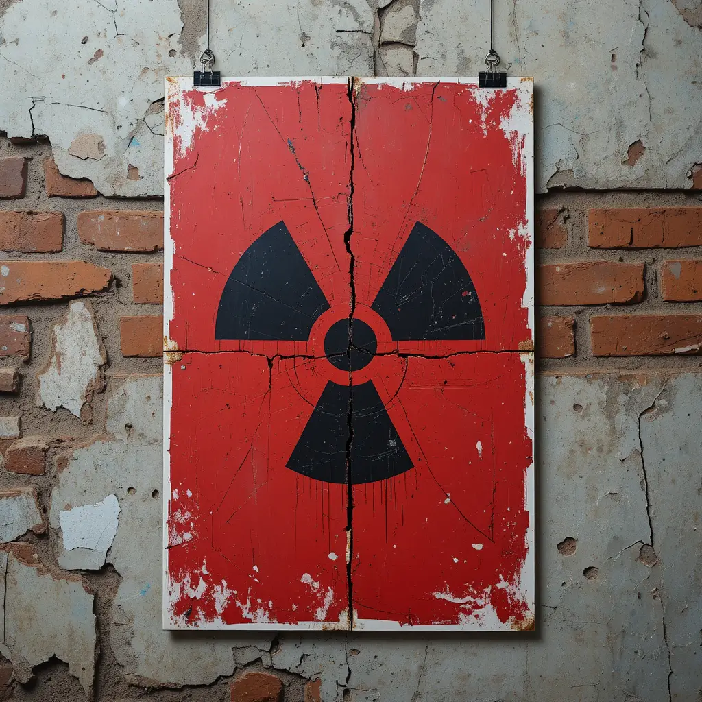 Póster rojo desgastado de advertencia de radiación sobre pared de ladrillo agrietada