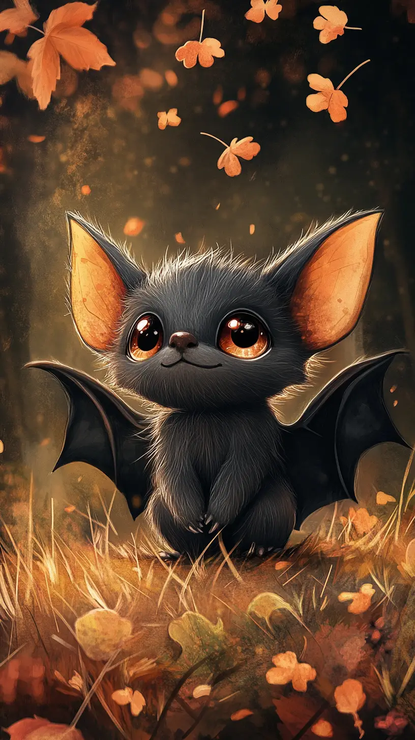 Cute bat drawing on grass with colored pencils