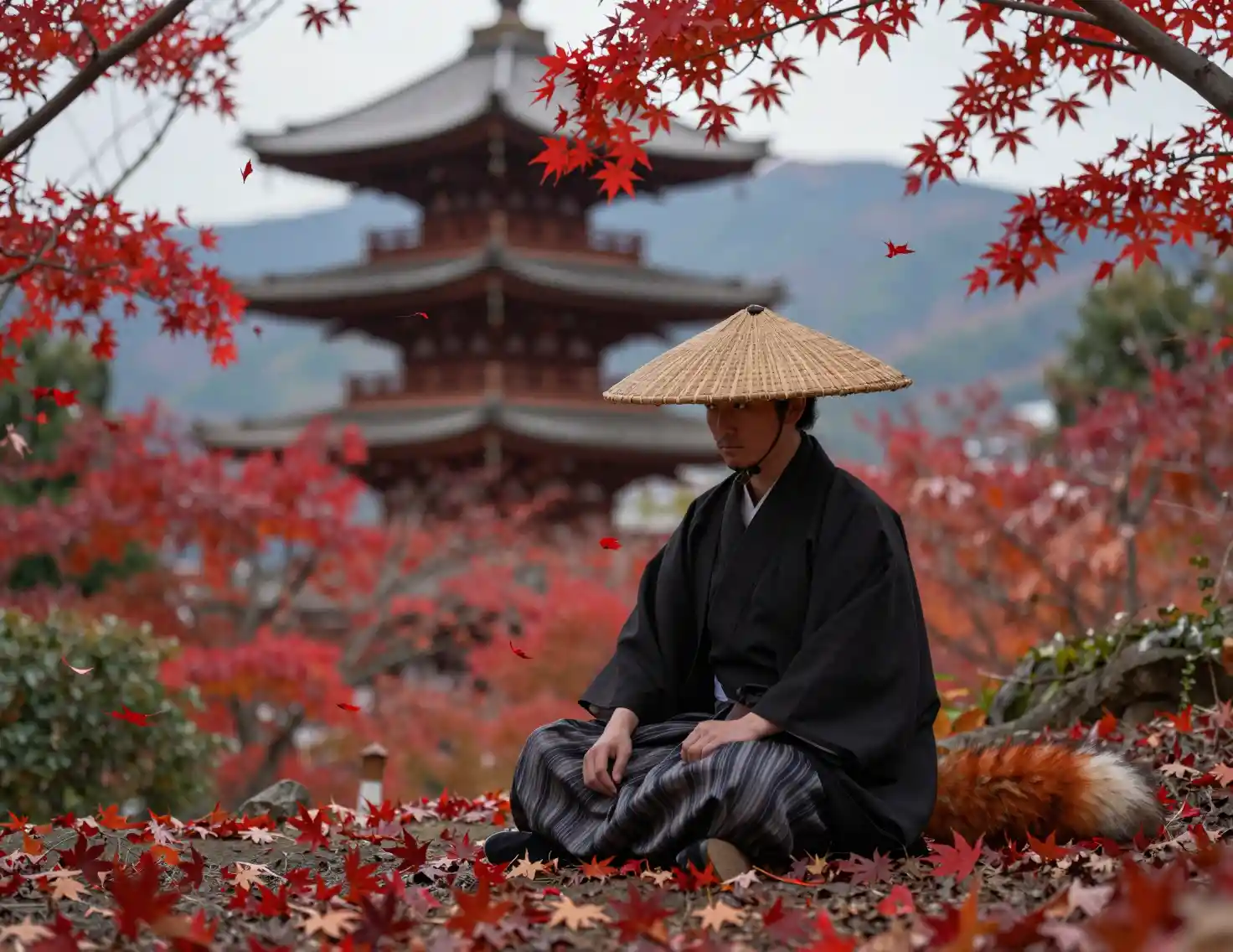 Fox samurai in black kimono among red maple leaves