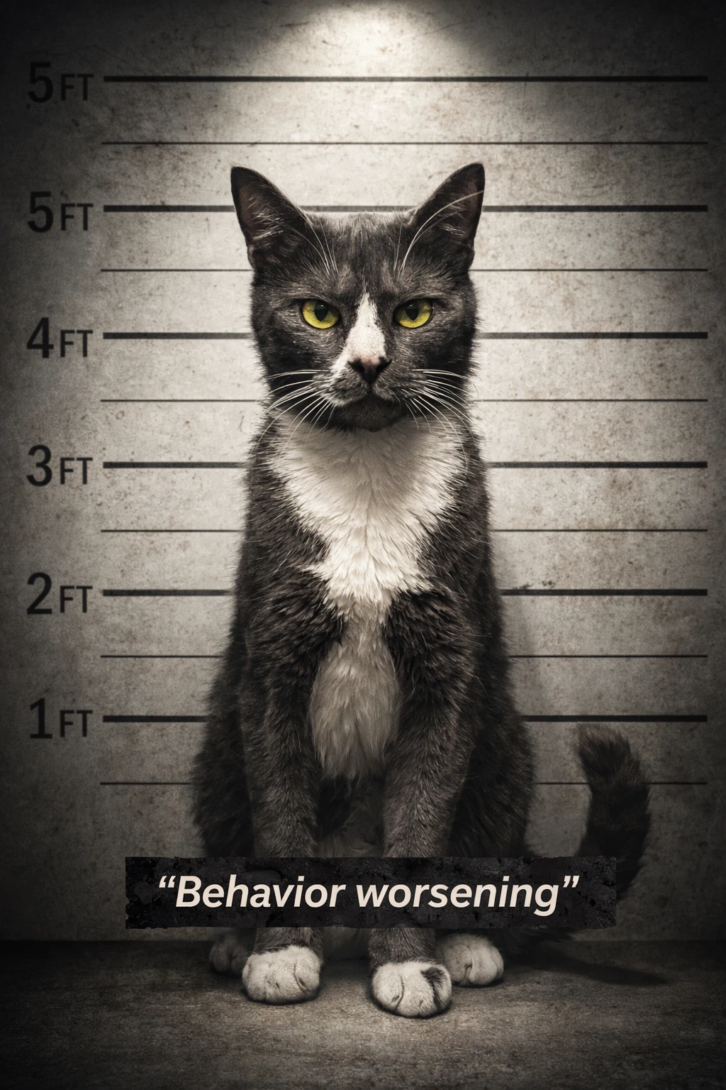 Defiant cartoon cat mugshot under harsh overhead police lighting