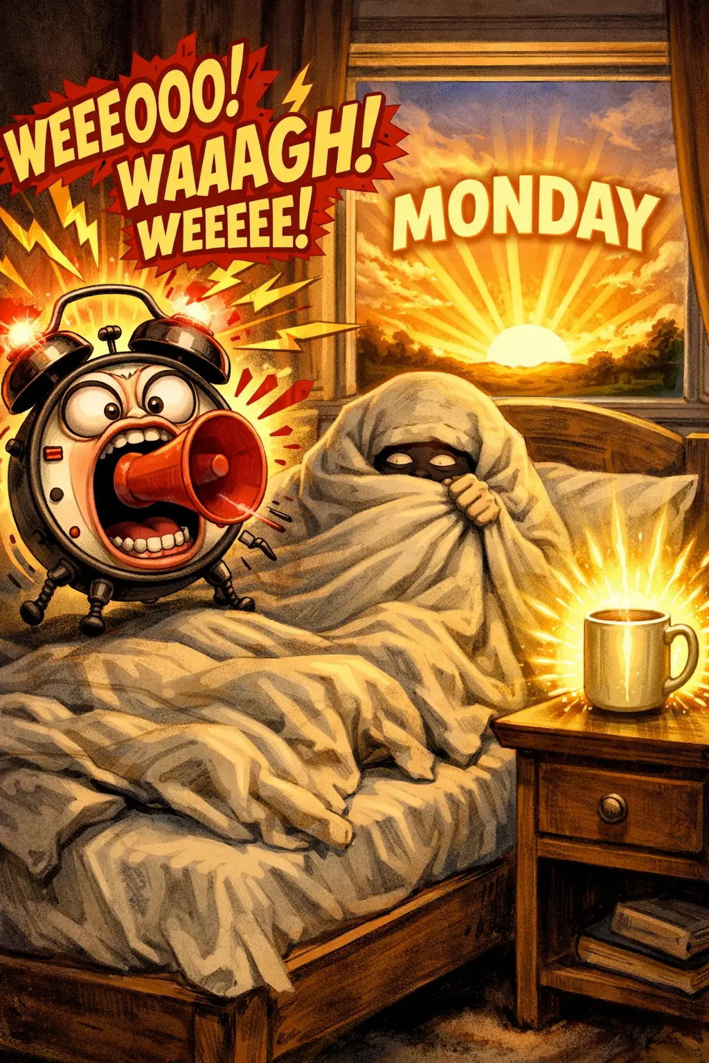 Despertador gritando ao lado de monstro de cobertor na cama