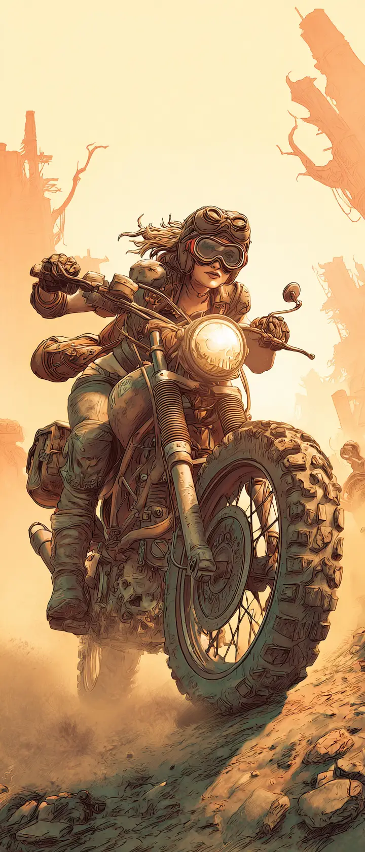 Post apocalyptic woman riding motorcycle through dusty wasteland