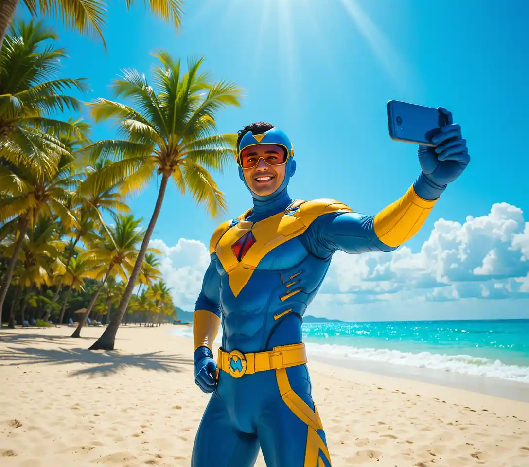 South Asian superhero taking a selfie on a tropical beach