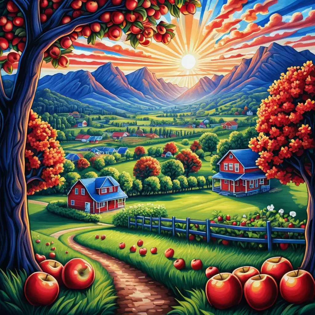 Summer apple orchard at sunrise in mountain landscape