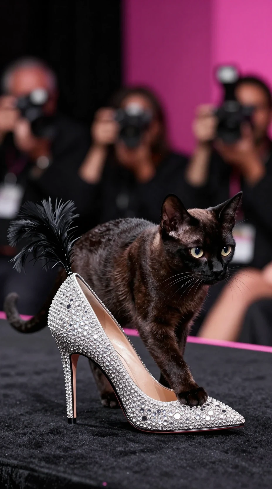 Bombay cat on jeweled stiletto runway with paparazzi lights