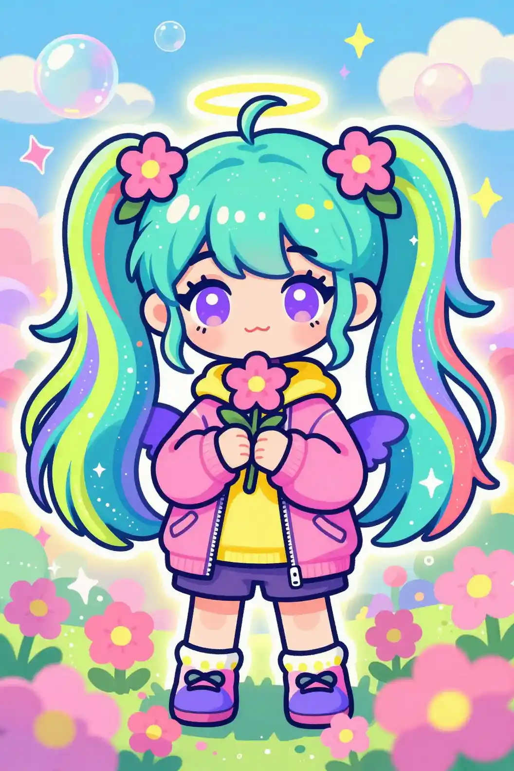 Kawaii girl with teal hair in a pink flower field