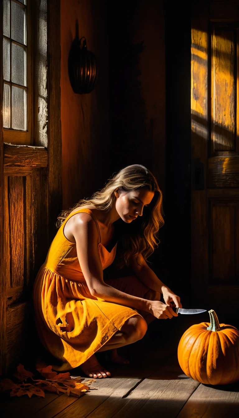 Donna con coltello accanto a zucca luminosa in stanza rustica