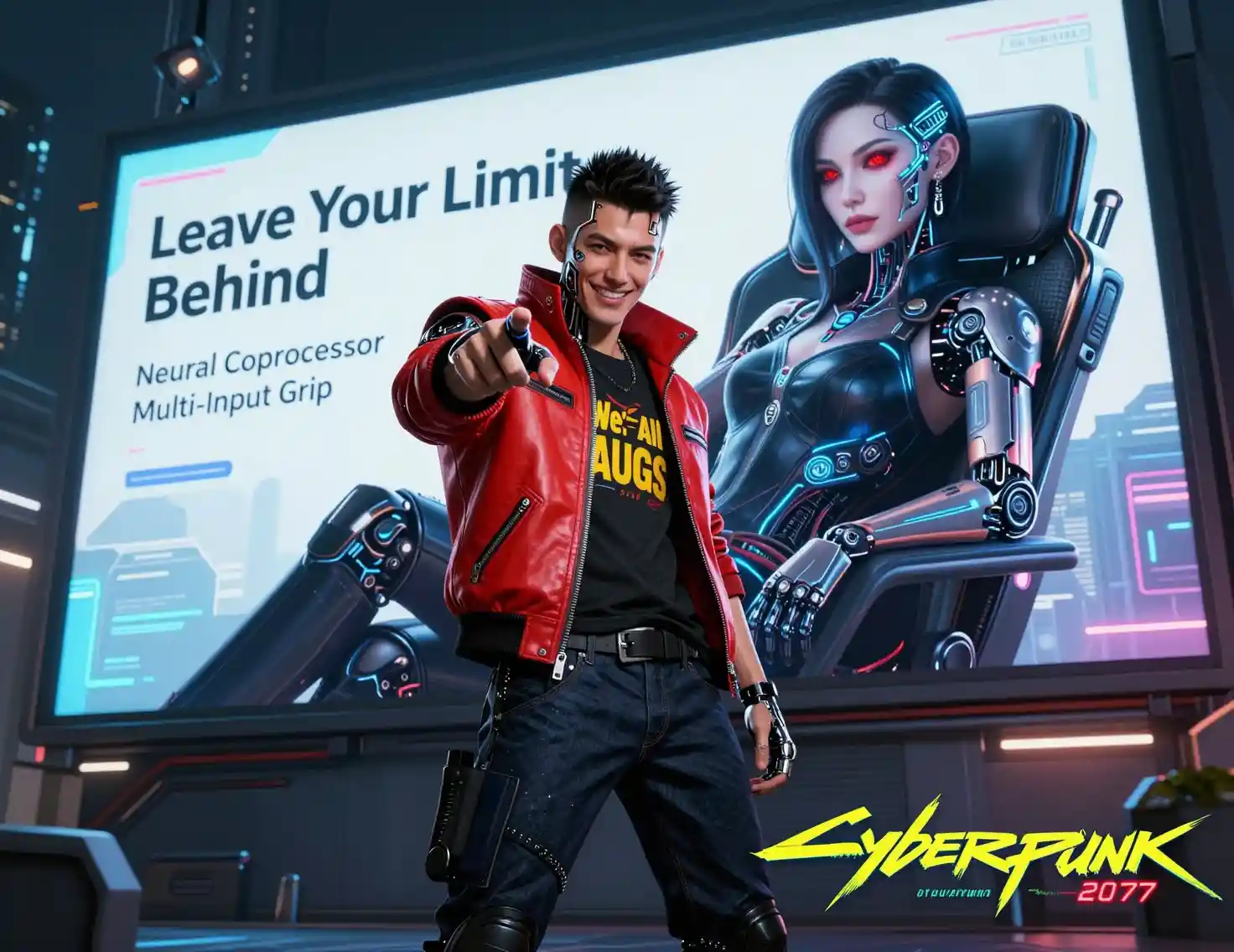 Cyberpunk-Mann, der nach vorne zeigt, in einer neonbeleuchteten Straße