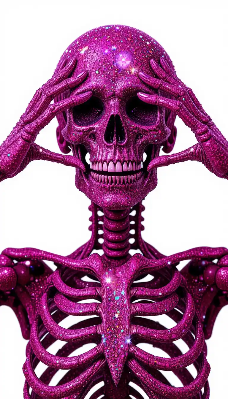 Playful magenta glitter skeleton portrait on white background