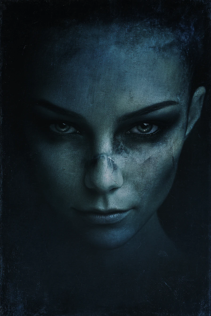 Dark fantasy portrait of a woman emerging from deep shadow