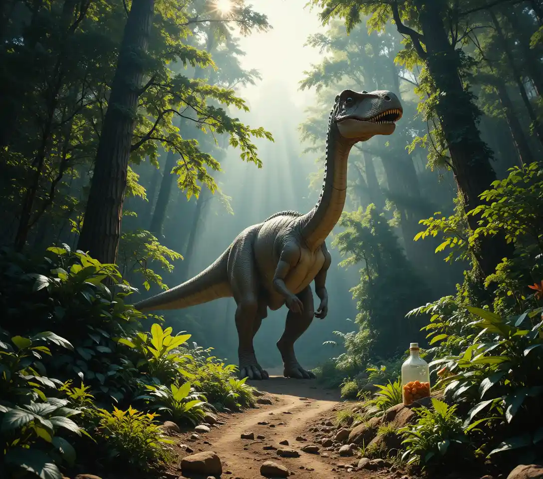 Cinematic dinosaur wandering through lush prehistoric forest