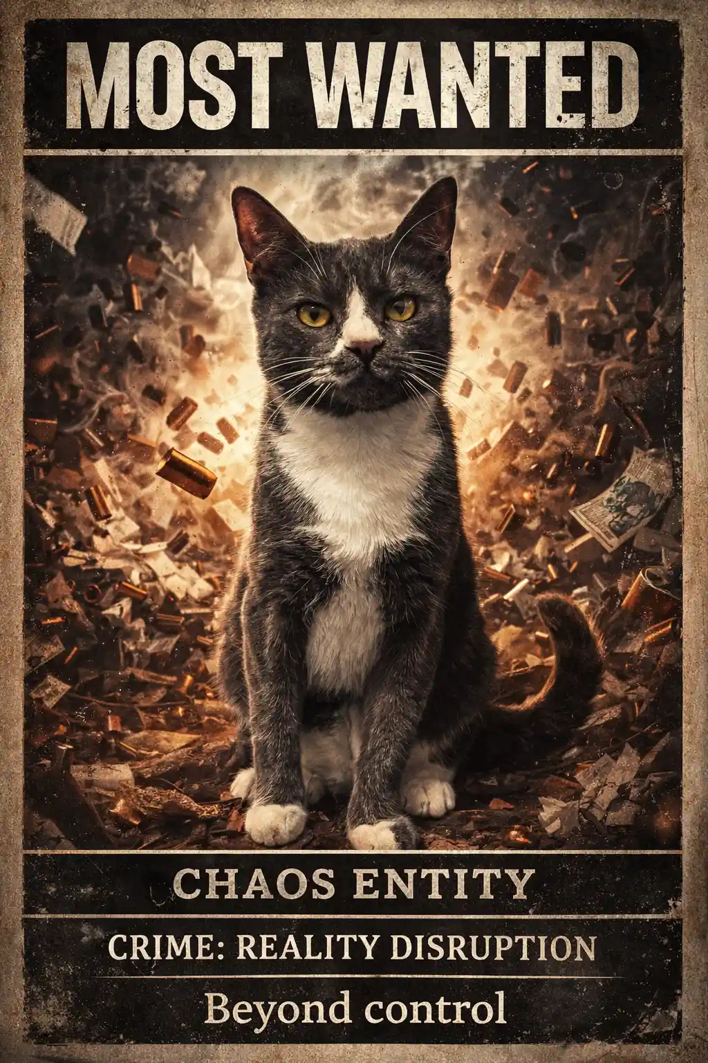 Cinematic most wanted style portrait of a chaotic cat