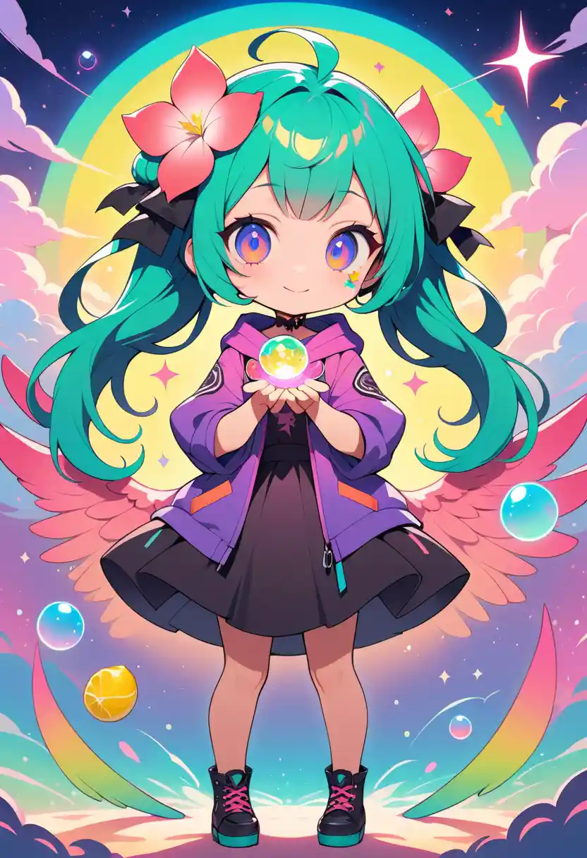 Kawaii girl with teal hair holding a pink flower