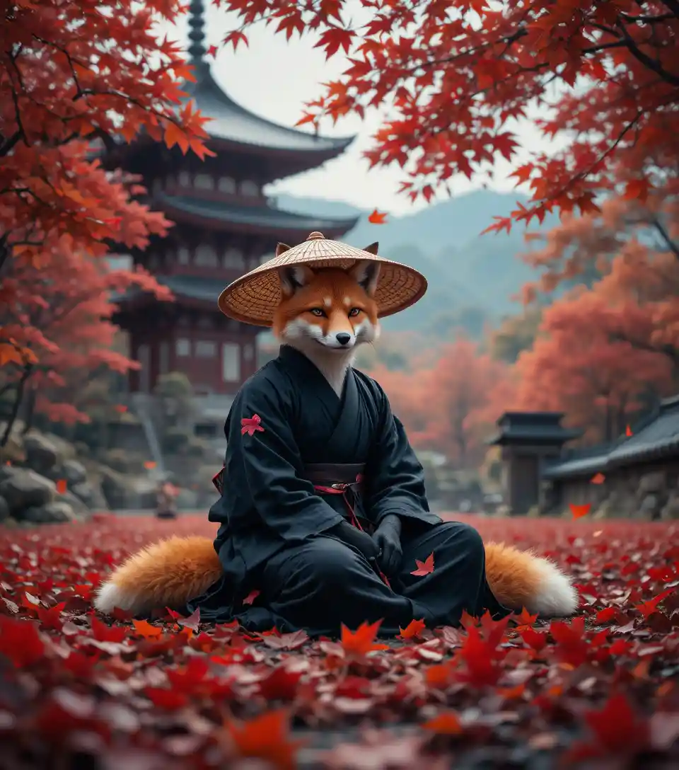 Samurai volpe che riposa tra le foglie rosse d’acero in autunno