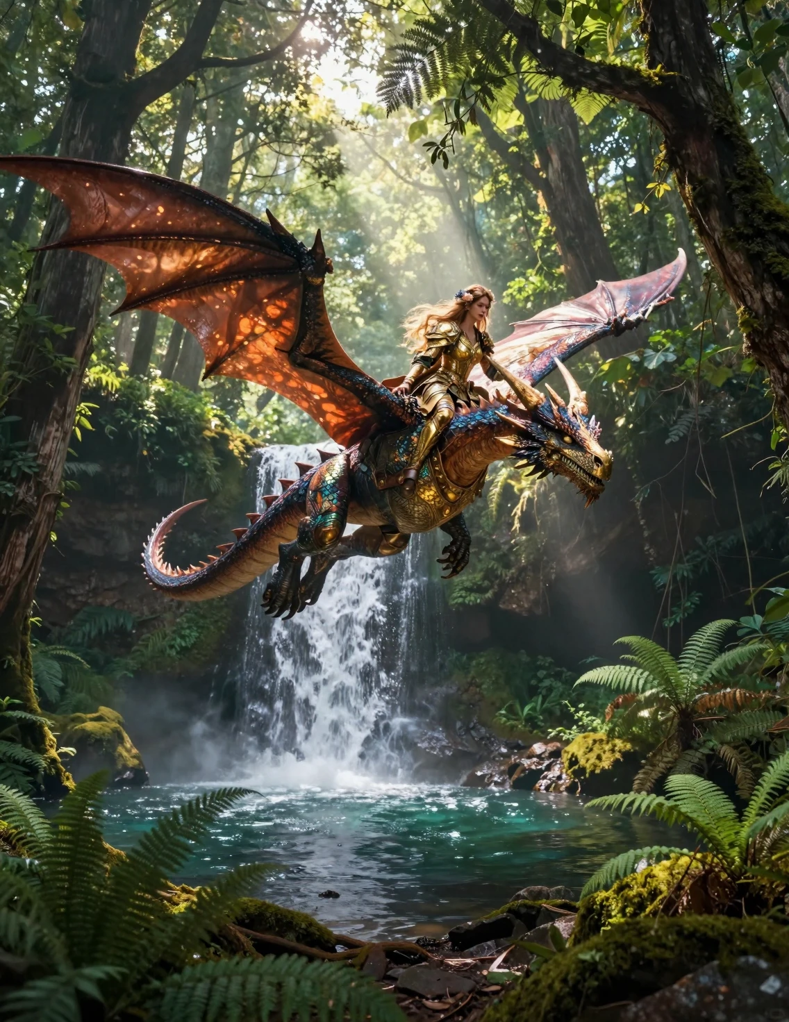 Krieger reitet auf einem Drachen durch einen sonnenbeschienenen Zauberwald