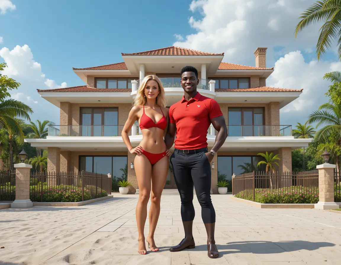 Coppia atletica che posa accanto a una moderna casa al mare in stile vittoriano