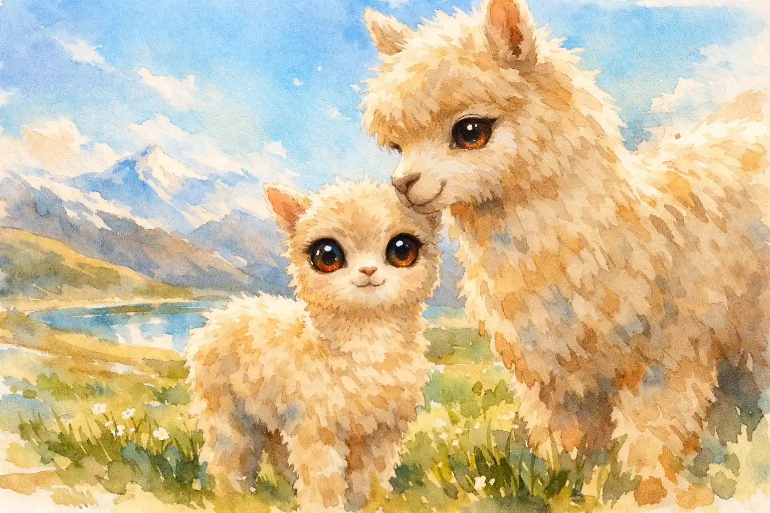 Cucciolo di alpaca con la madre in un prato andino soleggiato