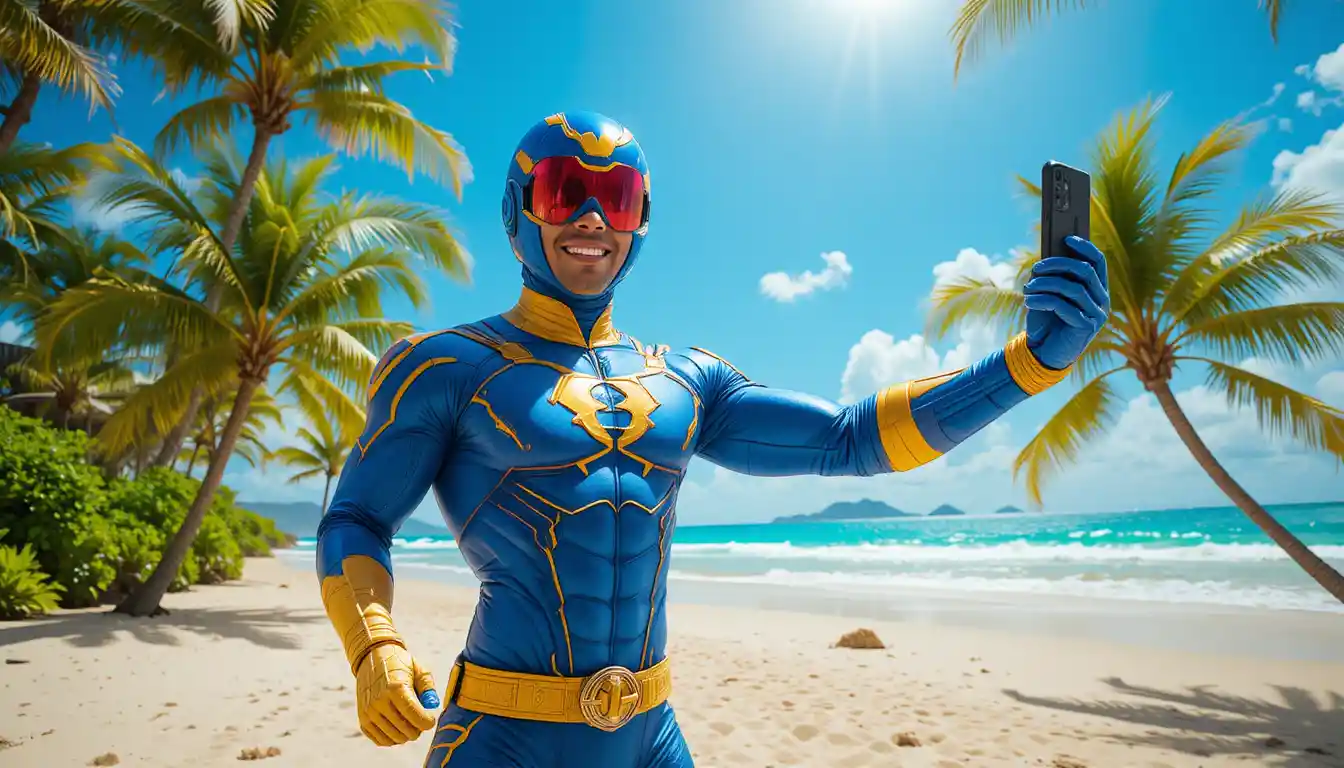 Joyful superhero taking a selfie on a sunny tropical beach