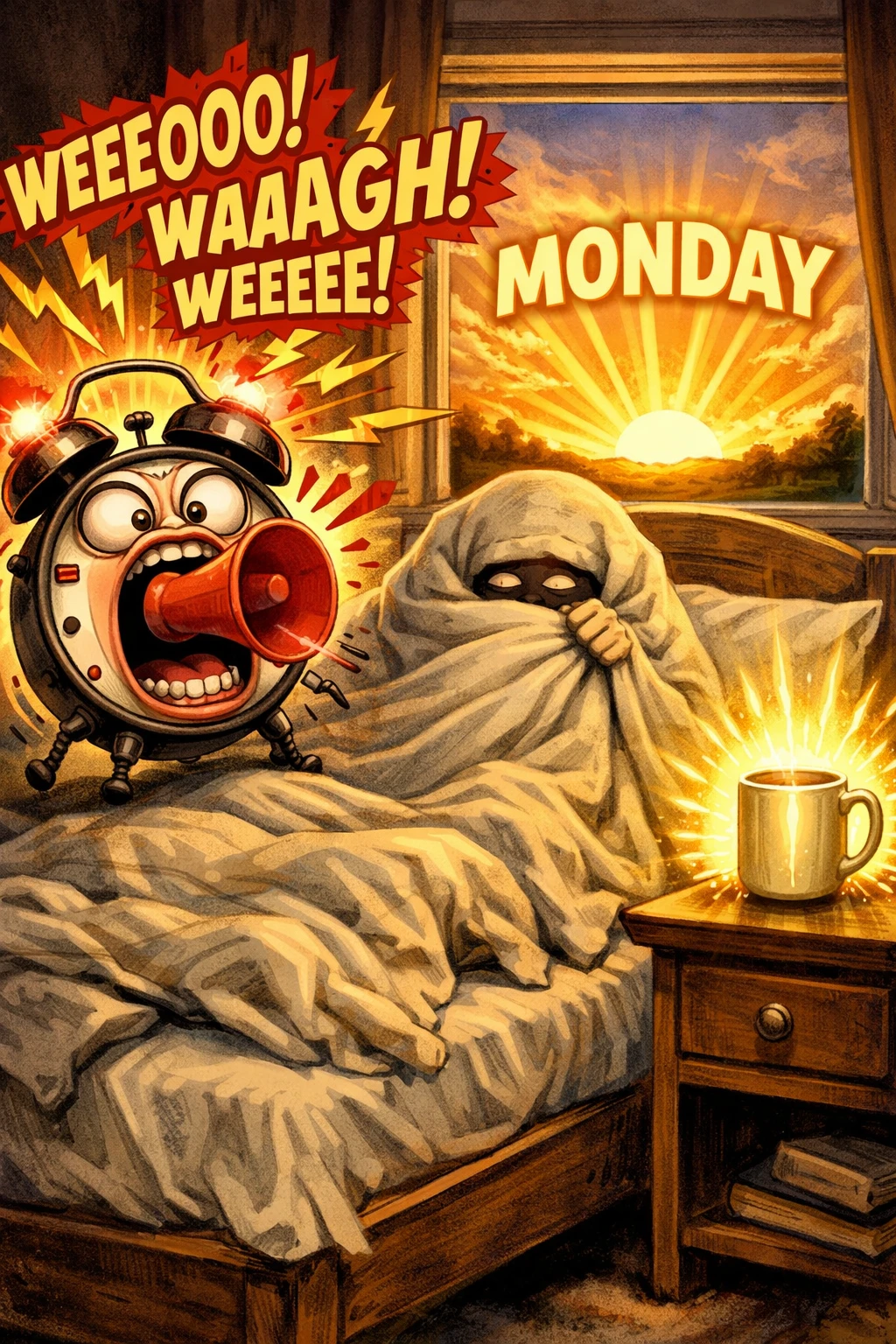 Despertador gritando ao lado de monstro de cobertor na cama