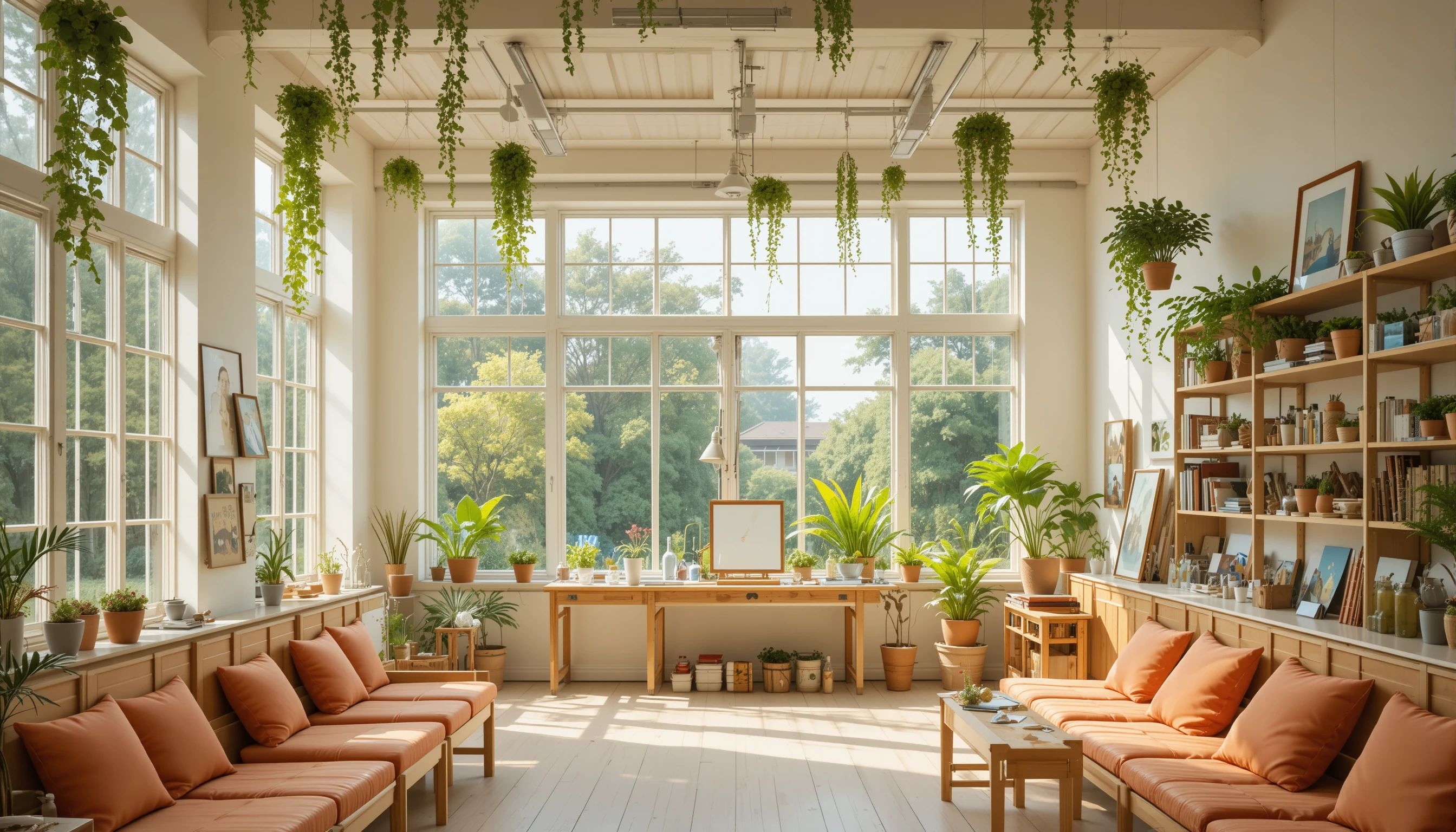 Bright botanical art studio with garden facing windows