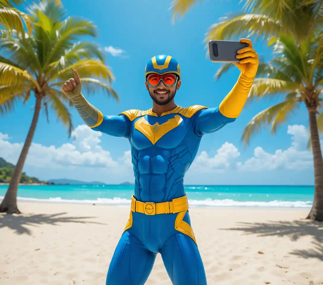 South Asian superhero taking a selfie on a sunny beach