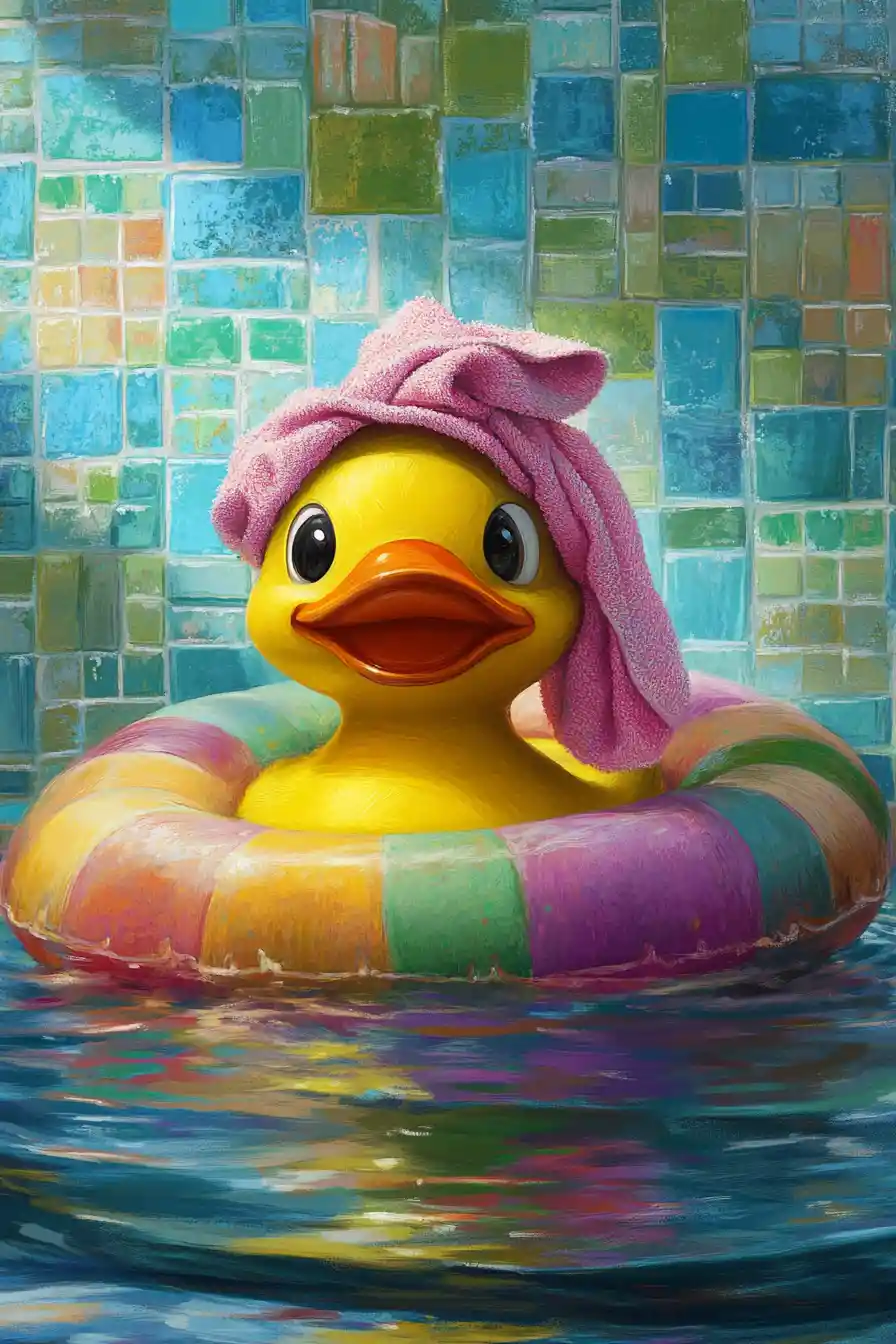 Playful rubber duck in colorful storybook bath scene