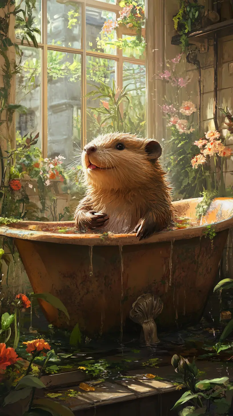 Happy beaver relaxing in a rusty bathtub of flowers