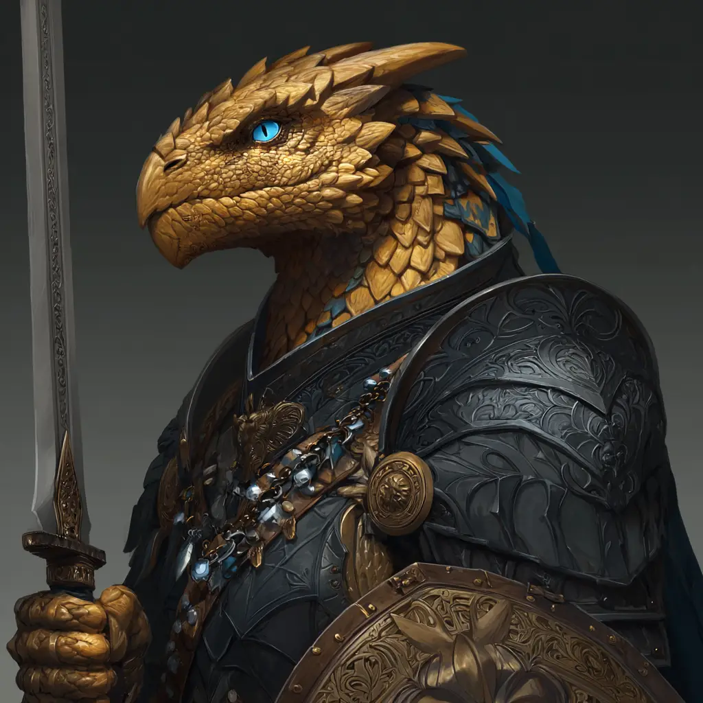 Dragonborn paladin in dark armor with sword and shield