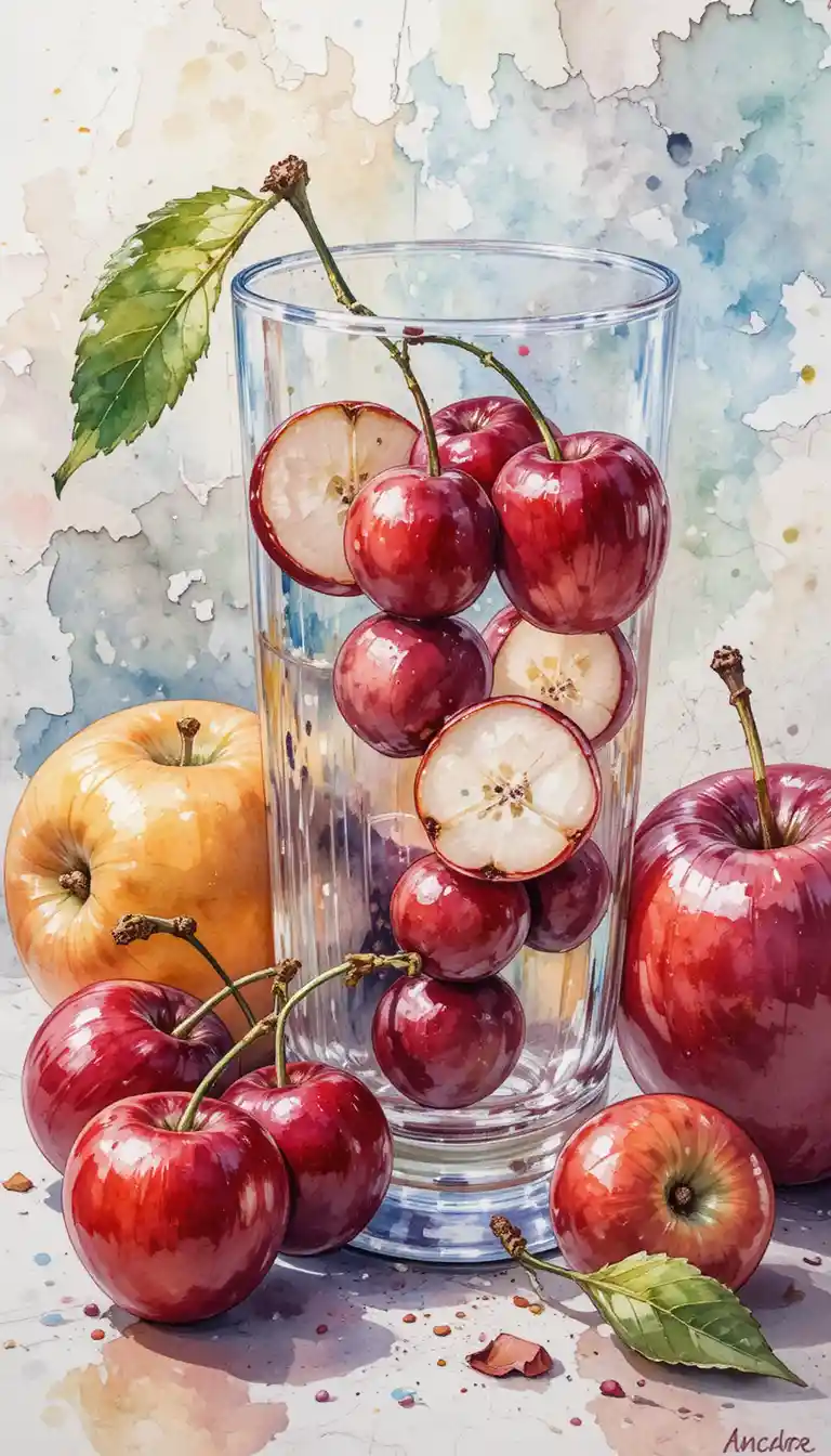 Watercolor still life of cherries apples and a glass of water