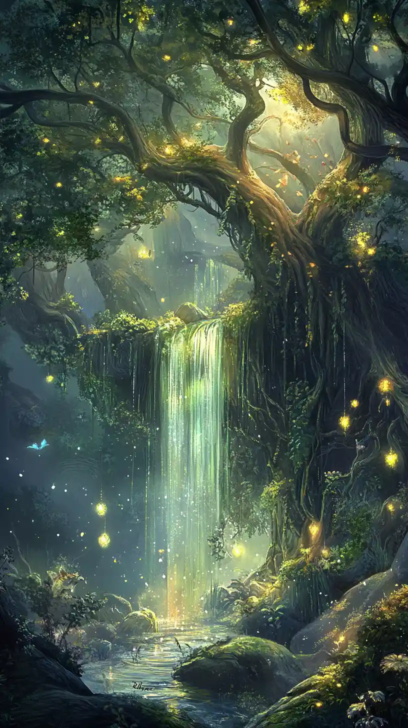 Ancient luminous forest with sentient trees and glowing waterfall