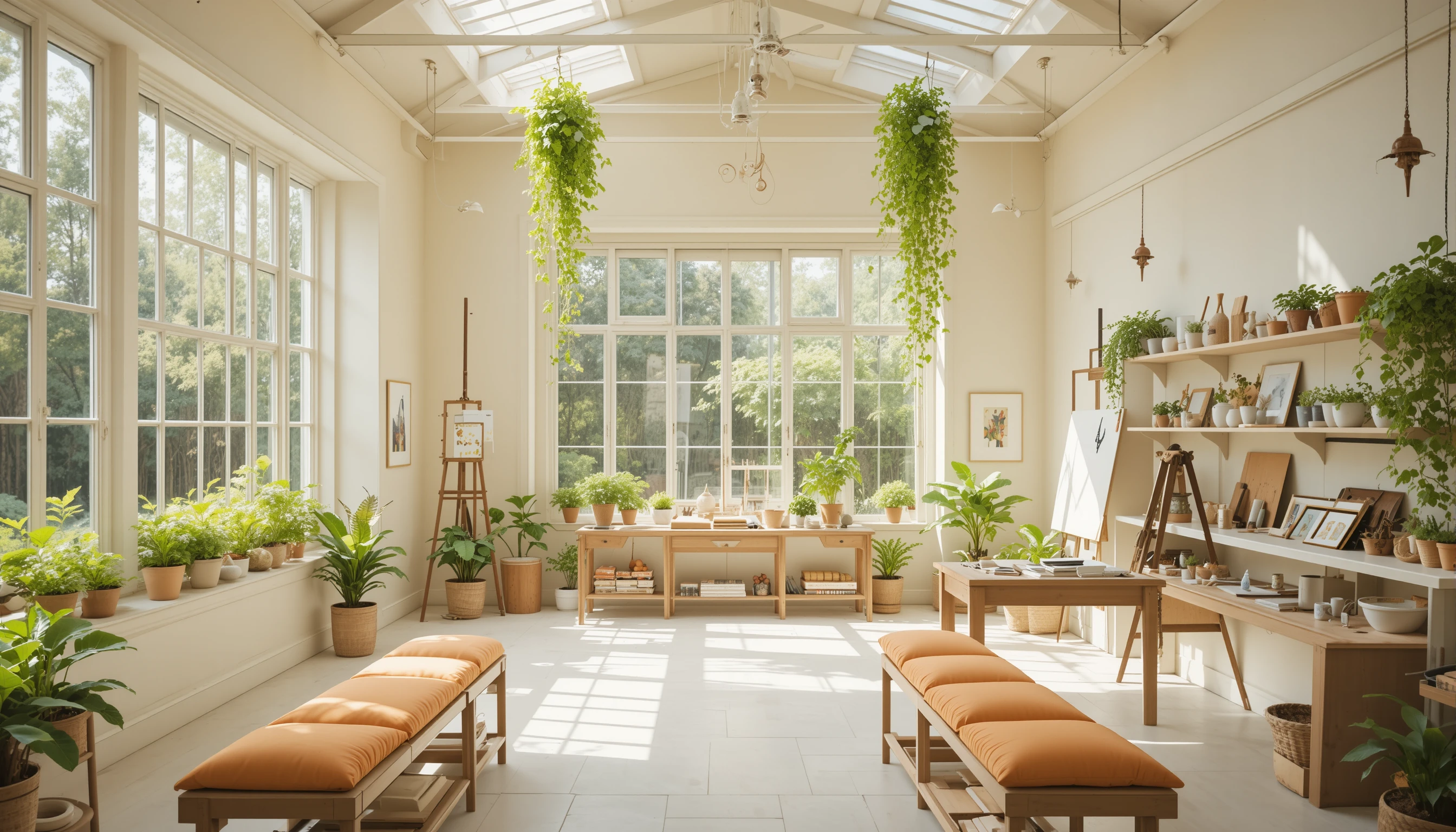 Bright botanical art studio with garden view windows