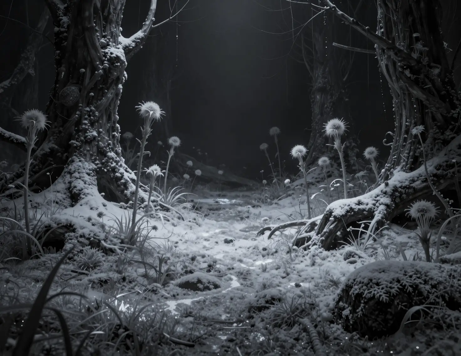 Mystical growth spreading like snow in desolate lands