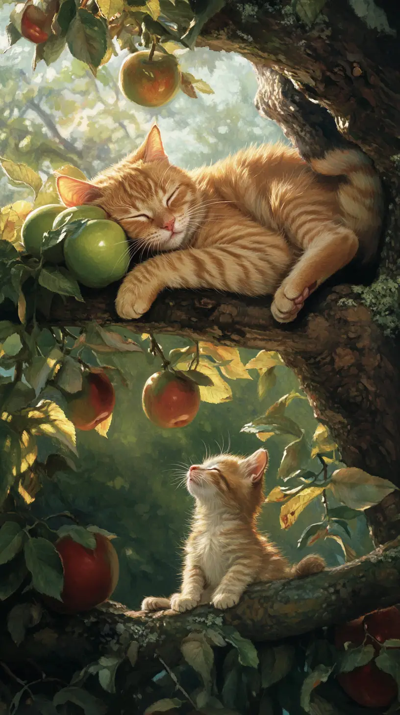 Sleeping ginger cat on apple tree branch with kitten