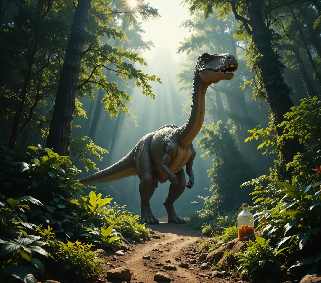 Cinematic dinosaur wandering through lush prehistoric forest