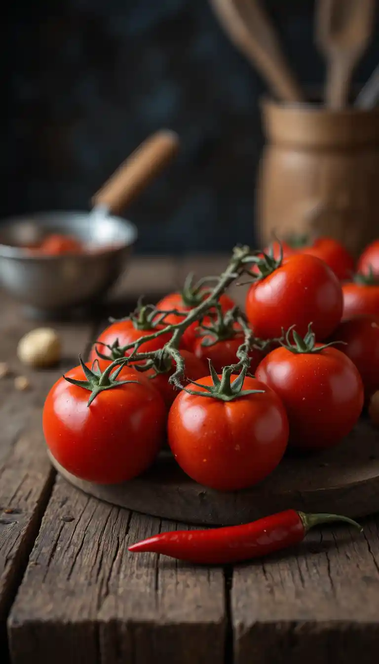 Fresh red tomatoes and chili pepper on wooden kitchen table
