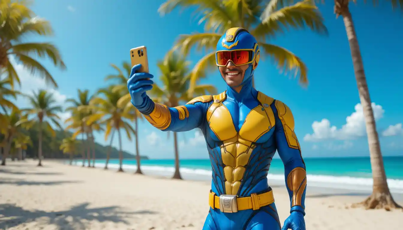 Joyful male superhero taking a selfie on tropical beach