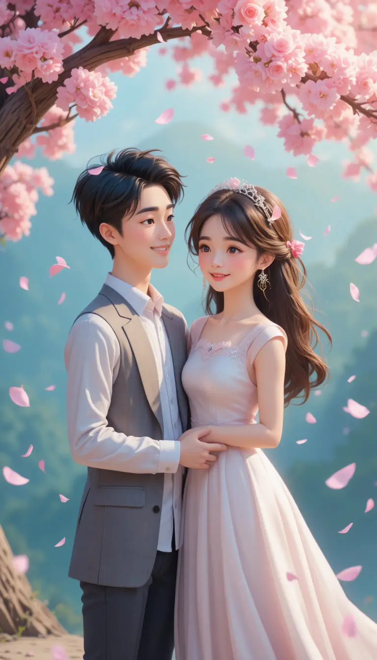 Coppia anime romantica sotto soffici petali di ciliegio