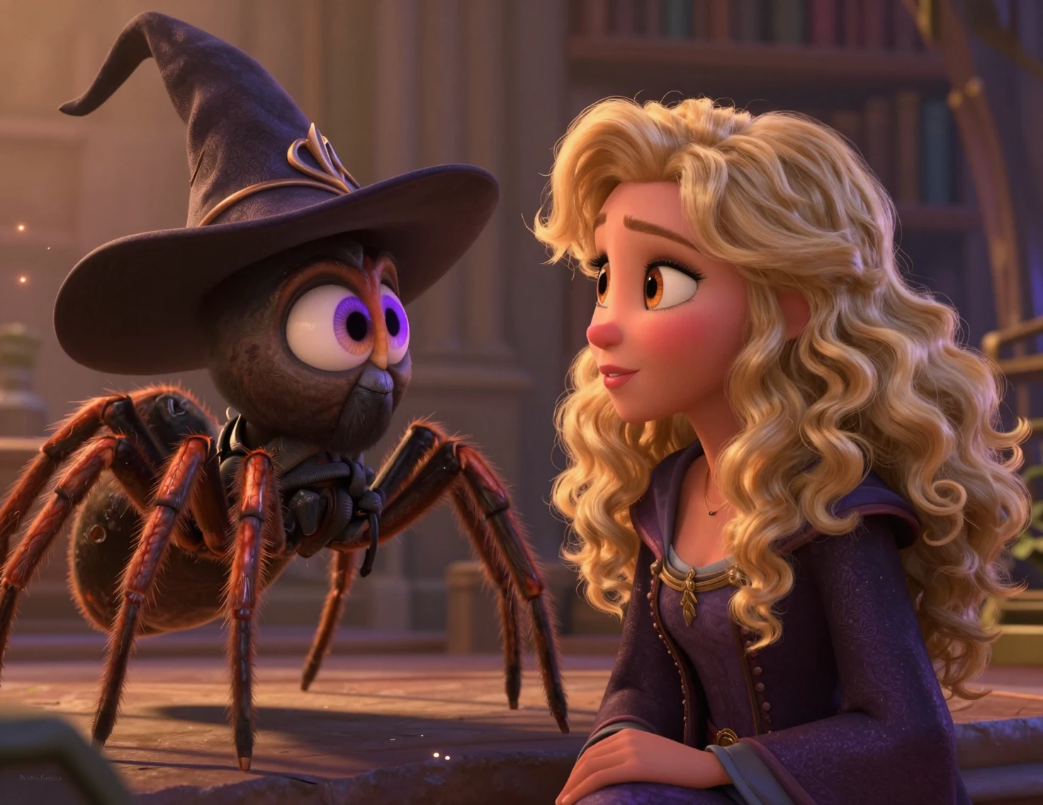 Woman Conversing With Wizard Spider In Moonlit Forest