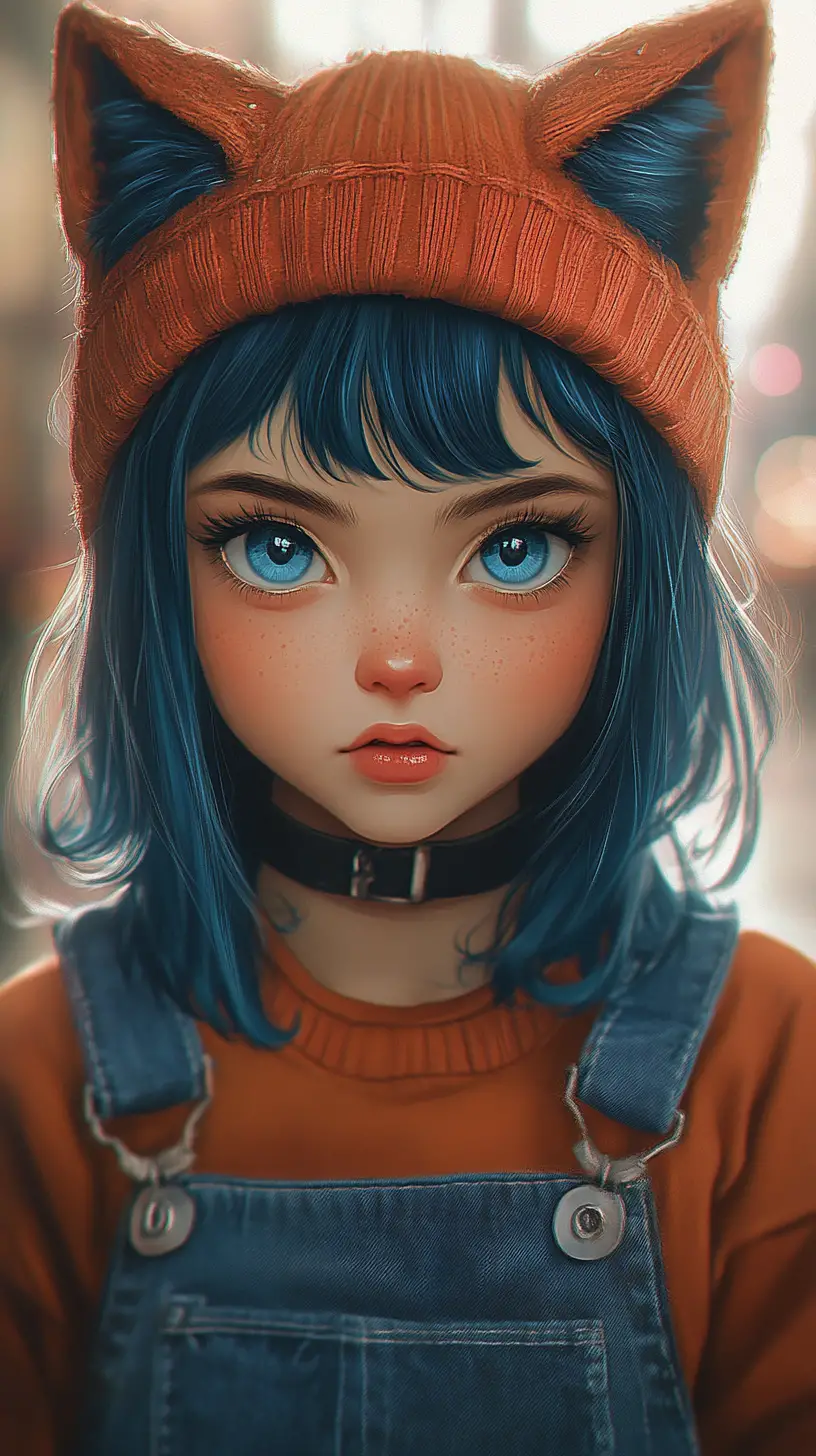 Ritratto ravvicinato di ragazza anime dai capelli blu con berretto arancione