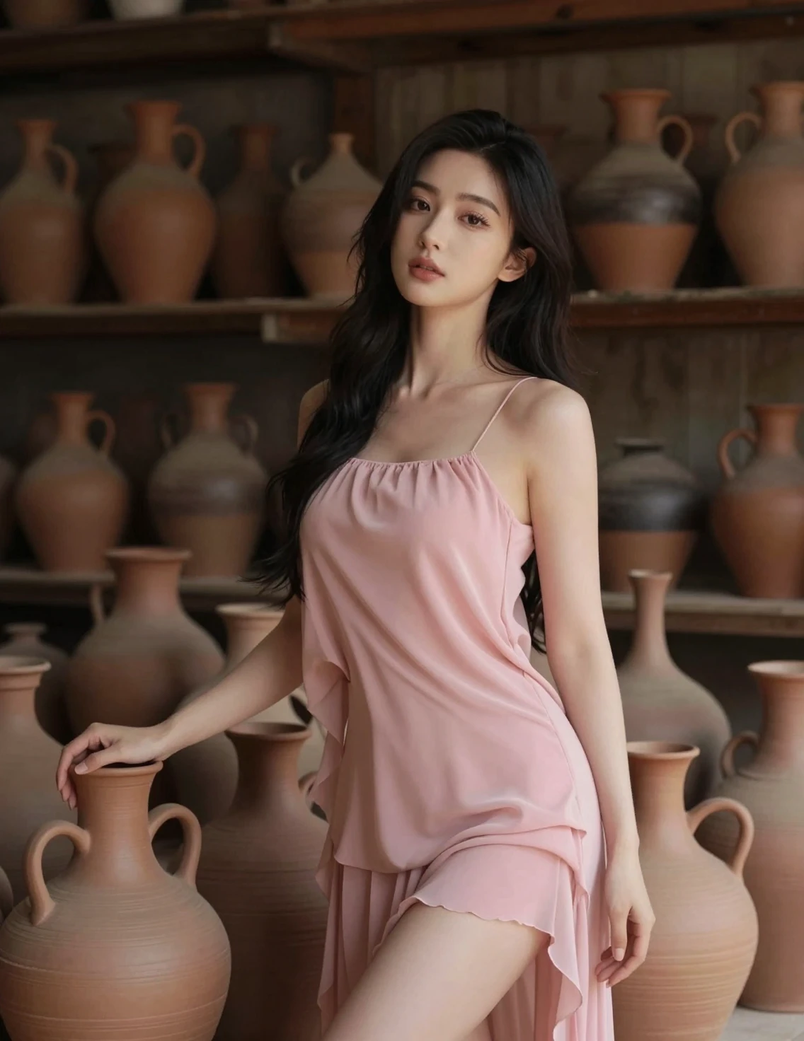 Giovane donna in rosa tra ceramiche rustiche in un magazzino