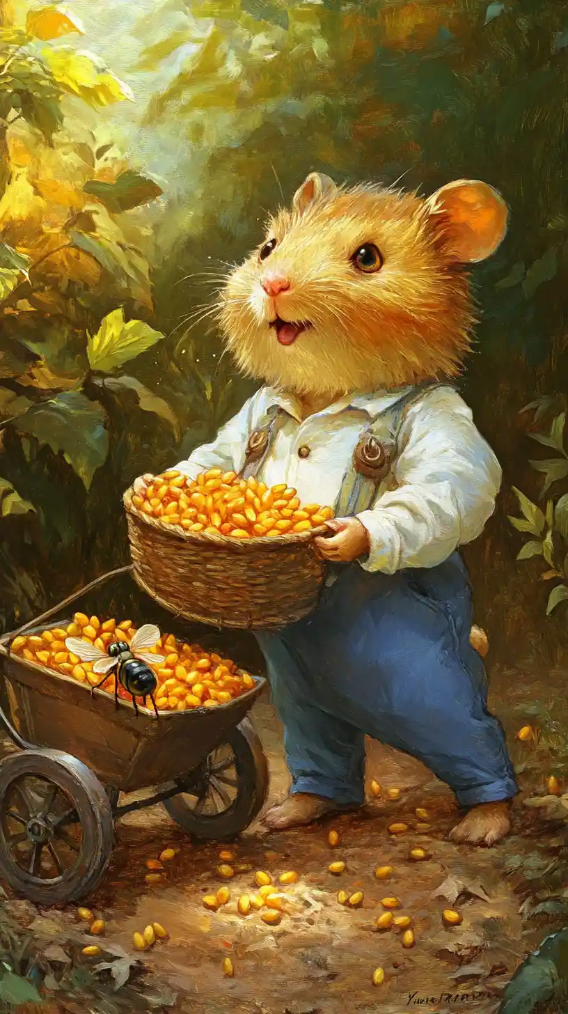 Hamster With Wheelbarrow Of Grains Beside Pine Nut Pile