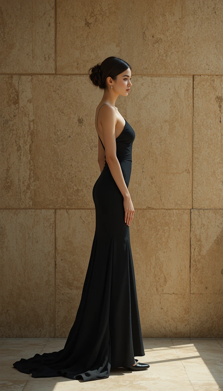 Elegant woman in black evening gown side profile portrait