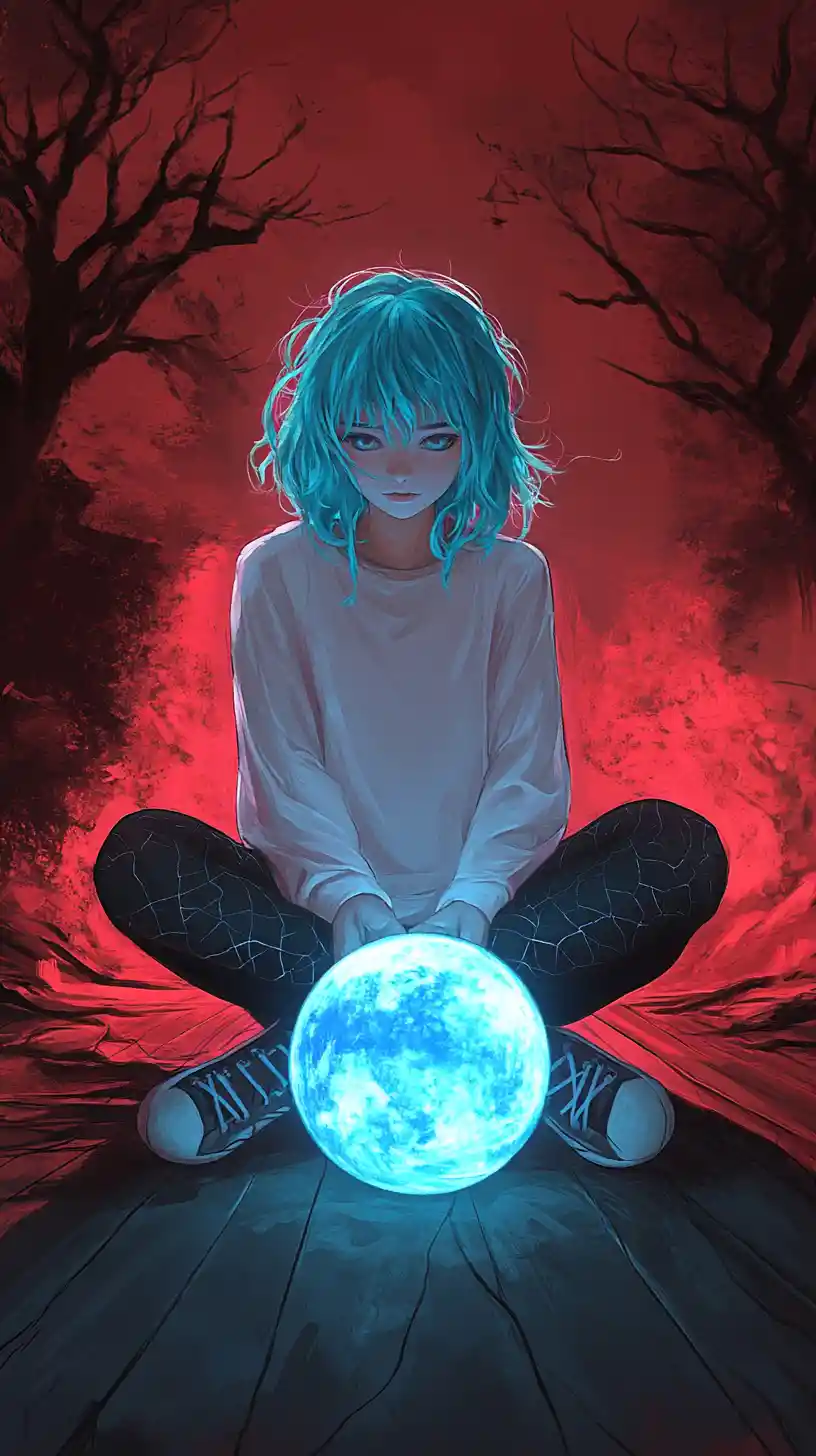 Anime girl with glowing blue sphere on dark floor