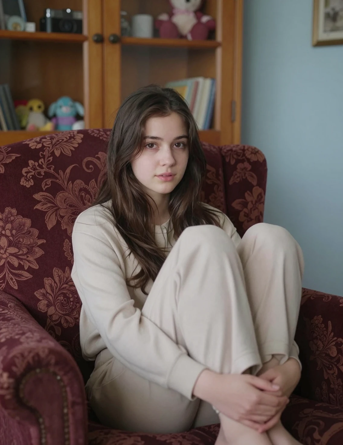 Young woman relaxing on patterned chair in warm room