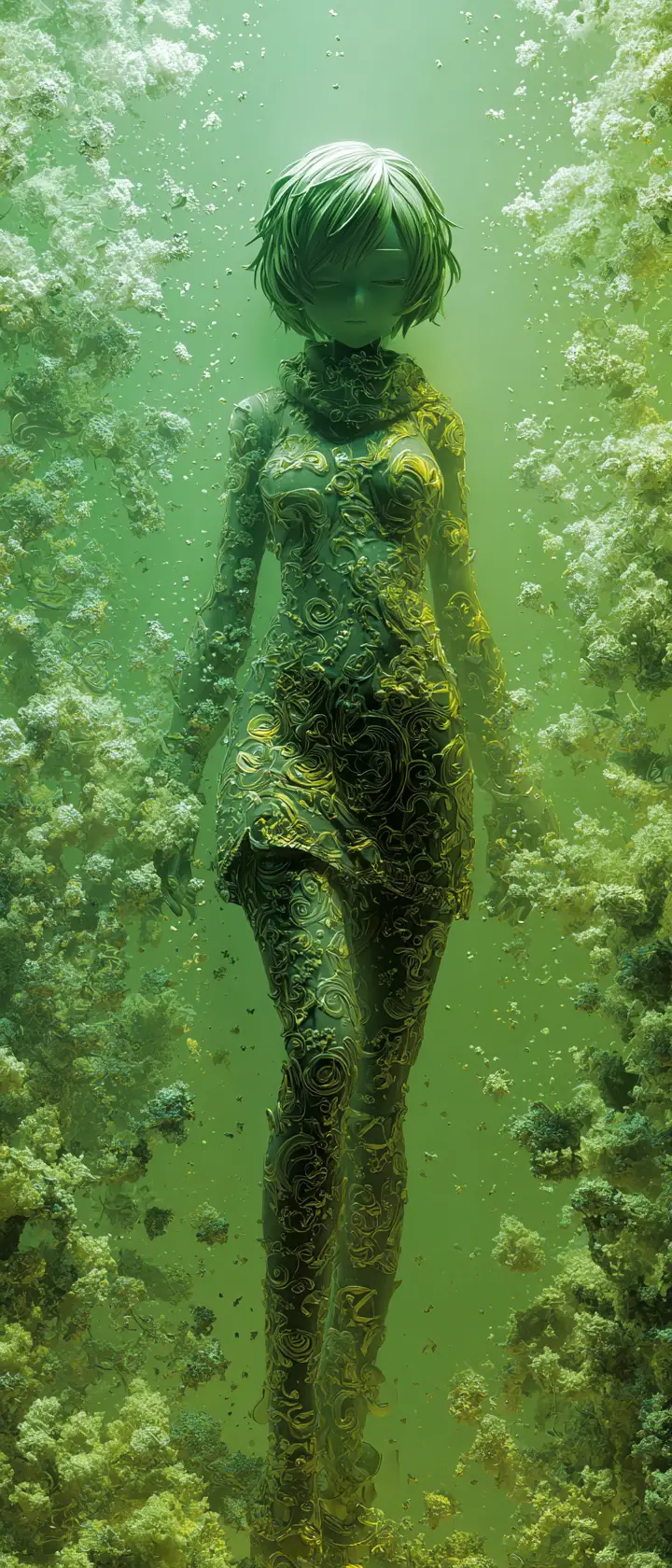 Anime woman dissolving into emerald green mist