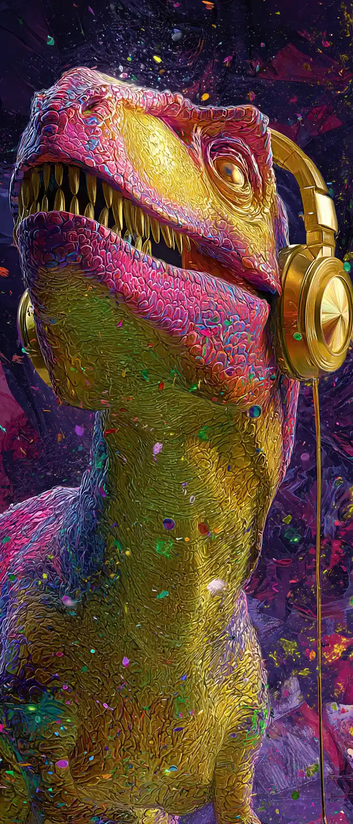 Colorful T Rex Dancing With Golden Headphones In Jungle