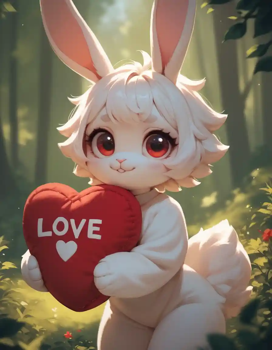 Cute white rabbit in a forest holding a red heart