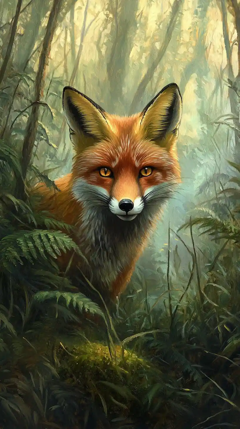 Roter Fuchs, der aus Farnen in einem nebligen Wald hervorkommt