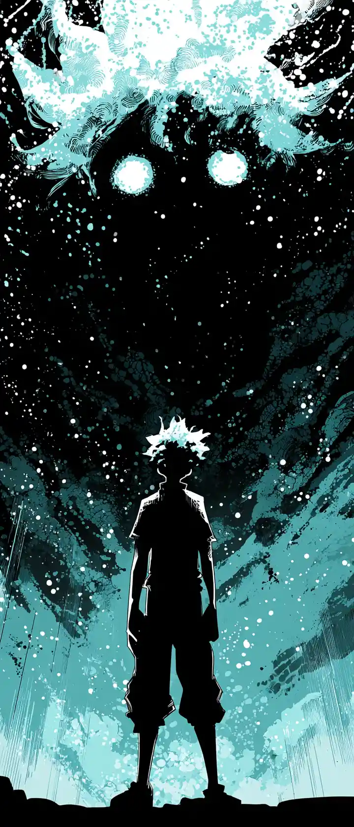 Silueta de anime abstracta disolviéndose en puntos brillantes